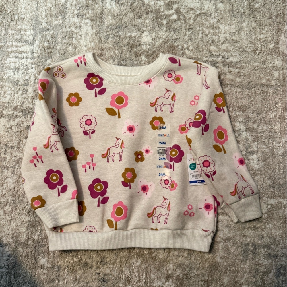 Garanimals Cream Sweatshirt with Pink and Olive Flower & Unicorn Print size 24M